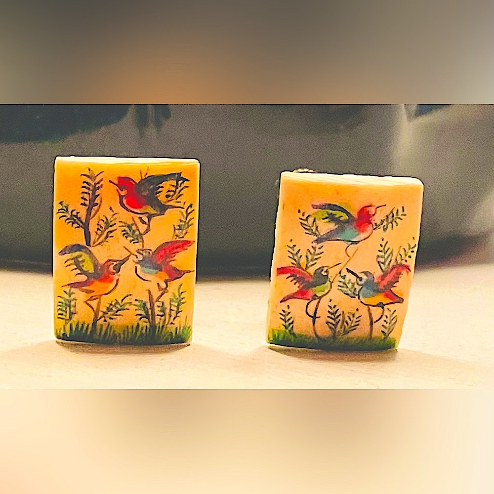 Antique earrings 1920s rare hand painted Asian bird screw back stunning